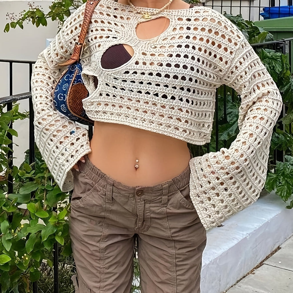 kkboxly  Y2K Crochet Crop Top, Long Sleeve Solid Casual Top, Women's Clothing