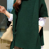 kkboxly  Plus Size Casual Knit Top, Women's Plus Solid Short Sleeve Round Neck Split Hem Loose Knit Top