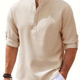kkboxly Men's Retro Casual Long Sleeve Stand Collar Shirt With Half Button, Spring Fall Outdoor