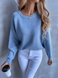 Women's Sweater Casual Solid Blue Crewneck Raglan Sleeve Loose Fall Winter Sweater