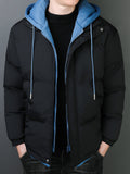 kkboxly  Men's Hooded Padded Jacket, Men Casual Fake Two Piece Padded Coat Windbreaker Zipper For Men Winter