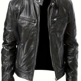 kkboxly  Chic PU Jacket, Men's Casual Solid Color Zip Up Stand Collar Faux Leather Jacket For Spring Fall