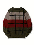 kkboxly  All Match Knitted Color Block Sweater, Men's Casual Warm Slightly Stretch Crew Neck Pullover Sweater For Men Fall Winter
