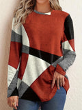 kkboxly  Color Block Geo Print T-shirt, Long Sleeve Crew Neck Casual Top For Spring & Fall, Women's Clothing