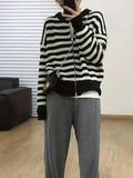 xieyinshe  Striped Crew Neck Zip Up Cardigan, Casual Long Sleeve Sweater For Spring & Fall, Women's Clothing
