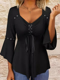 kkboxly  Tie Front V Neck T-Shirt, Casual 3/4 Sleeve Top For Spring & Fall, Women's Clothing