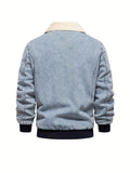 kkboxly  Warm Fleece Denim Jacket, Men's Casual Flap Pocket Jacket Coat With Fur Collar For Fall Winter