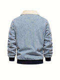kkboxly  Warm Fleece Denim Jacket, Men's Casual Flap Pocket Jacket Coat With Fur Collar For Fall Winter