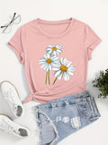 kkboxly  Cute Daisy Print T-Shirt, Short Sleeve Crew Neck Casual Top For All Season, Women's Clothing