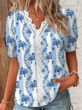 kkboxly   Floral Print Contrast Lace Blouse, Casual V Neck Short Sleeve Summer Blouse, Women's Clothing