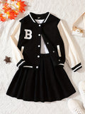 2025 kkboxly  Girls 2pcs Long Sleeve Baseball Jacket Button Coat & Pleated Short Skirt Letter B Print Corduroy Preppy Casual Kids Clothes For Spring And Autumn
