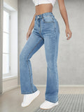 kkboxly  High Waist Leisure Bootcut Jeans, Mid-stretch Plicated Pattern Denim Pants With Slash Pocket, Women's Denim Jeans & Clothing