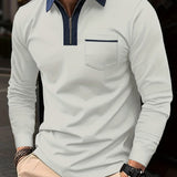 kkboxly Men's Casual Long Sleeves Zip Up Polo Shirts With Chest Pocket, Lapel Collar Tops Pullovers, Men's Clothing For Summer