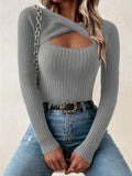 Cut Out Twist Ribbed Knit Sweater, Casual Long Sleeve Slim Fall Winter Knit Sweater, Women's Clothing
