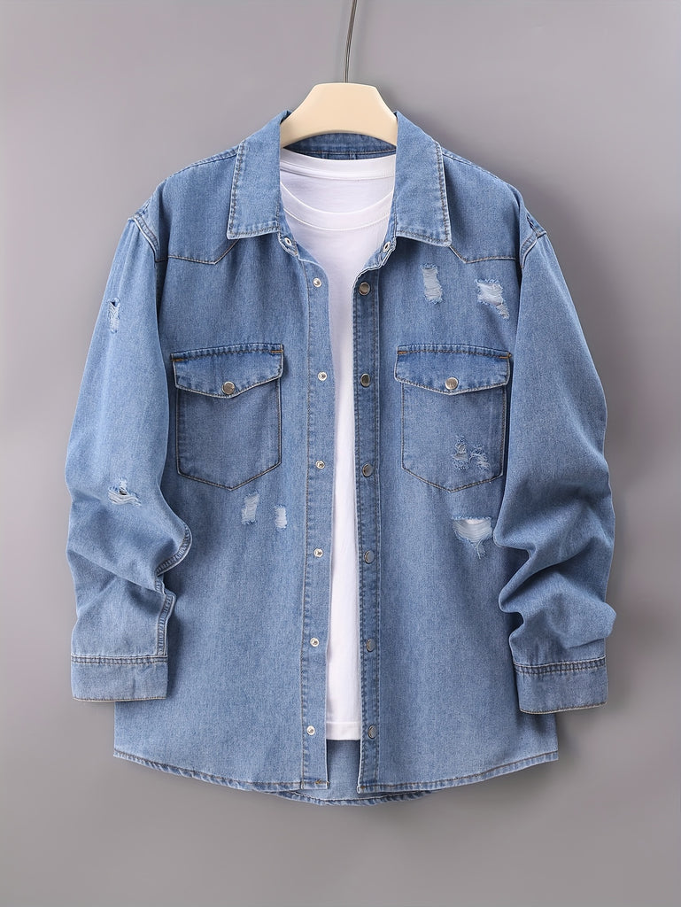 kkboxly  Plus Size Men's Denim Shirt With Pockets For Spring & Autumn, Fashion Casual Long Sleeve Shirt For Big & Tall Guys