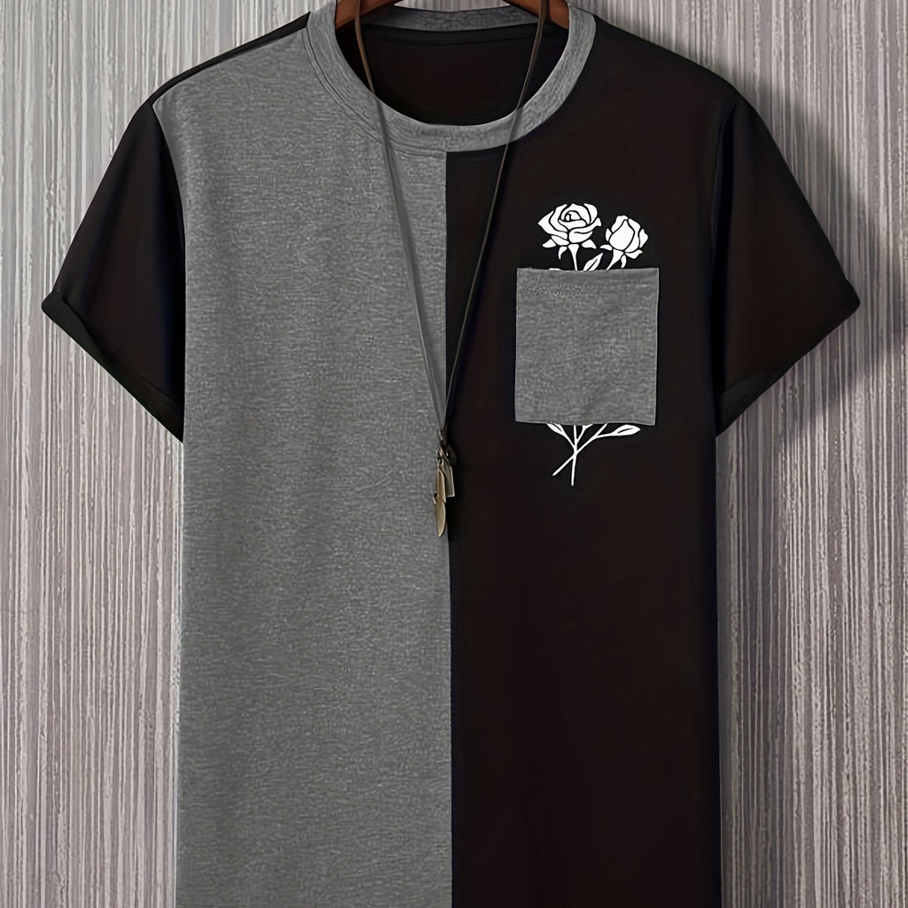 kkboxly  Roses Color Block Print Tee Shirt, Tee For Men, Casual Short Sleeve T-shirt For Summer Spring Fall, Tops As Gifts