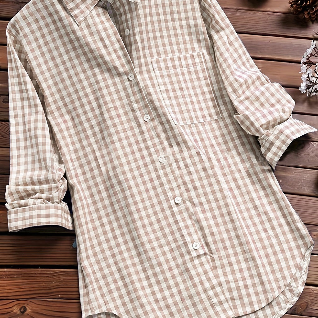 kkboxly  Plus Size Casual Blouse, Women's Plus Gingham Print Turn Down Collar Long Sleeve Shirt
