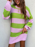 kkboxly  Striped Color Block Crew Neck Dress, Elegant Long Sleeve Drop Shoulder Loose Dress, Women's Clothing