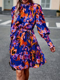 kkboxly Abstract Print Tucked Dress, Boho Long Sleeve Mock Neck Dress, Women's Clothing