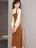 kkboxly  2 In 1 Tank Dress With Blouse, Elegant Mock Neck Lantern Long Sleeve Knitted Dress, Women's Clothing