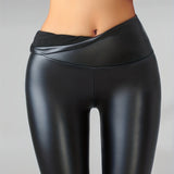 High Waisted Faux PU Leather Sports Leggings, Elastic Slim Sexy Tights, Women's Activewear