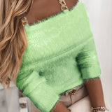 Fuzzy Chain Link Knit Sweater, Elegant Cold Shoulder Long Sleeve Sweater, Women's Clothing