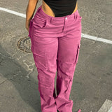 kkboxly  Wide Legs Baggy Cargo Pants With Flap Pockets, Girl's Y2K Style Jeans, Y2K Kpop Vintage Style Women's Clothing & Denim
