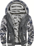 kkboxly  Color Block Camo Men's Hooded Jacket Fleece Lined Casual Long Sleeve Sherpa Lined Hoodies With Zipper Hooded Coat For Autumn Winter