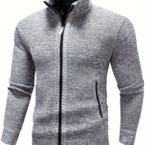 kkboxly  Warm Stand Collar Fleece Jacket, Men's Semi-formal Comfortable Solid Color Zip Up Knitted Cardigan For Spring Fall