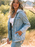 Blue Closure Button Denim Coats, Ripped Long Sleeve Distressed Flap Pockets Denim Jackets, Women's Denim Clothing