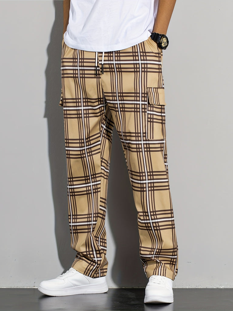 kkboxly  Trendy Vintage Plaid Cargo Pants, Men's Multi Flap Pocket Straight Trousers, Loose Casual Outdoor Pants, Men's Work Pants Outdoors Streetwear Hip Hop Style