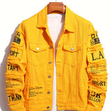kkboxly  Men's Letter Print Denim Jacket, Casual Street Style Denim Jacket