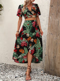 2025 kkboxly  Tropical Print Vacation Two-piece Set, V Neck Flutter Sleeve Tops & High Waist Midi Skirts Outfits, Women's Clothing
