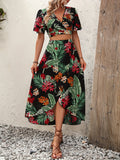 kkboxly  Tropical Print Vacation Two-piece Set, V Neck Flutter Sleeve Tops & High Waist Midi Skirts Outfits, Women's Clothing
