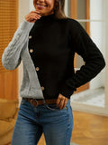 kkboxly  Two-tone Mock Neck Pullover Sweater, Casual Button Front Long Sleeve Sweater, Women's Clothing