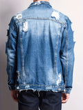 kkboxly  Men's Casual Ripped Denim Jacket, Street Style Button Up Flap Pocket Jacket
