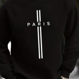 kkboxly  PARIS Print Trendy Sweatshirt, Men's Casual Graphic Design Slightly Stretch Crew Neck Pullover Sweatshirt For Autumn Winter