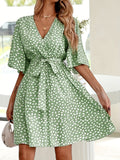 kkboxly  Allover Print Belted V Neck Dress, Casual Short Sleeve Dress For Spring & Summer, Women's Clothing