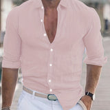 Men's Shirt Top Cotton & Linen Blend Turn-Down Collar Long Sleeves Closure Regular Fit Solid Color Male Casual Shirt For Daily