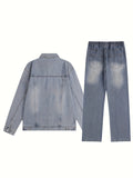 kkboxly kkboxly  Men's Outfit Set, Lapel Long Sleeve Vintage Style Denim Jacket And Pants, 2-piece Set For City Walk Street Hanging Outdoor Activities