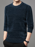 All Match Knitted Solid Sweater, Men's Casual Warm Mid Stretch Crew Neck Pullover Sweater For Men Fall Winter