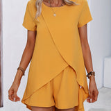 kkboxly  Solid Casual Two-piece Set, Short Sleeve Asymmetrical Hem Long Length T-shirt & Elastic Waist Shorts Outfits, Women's Clothing