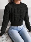 Solid Crew Neck Cable Knit Sweater, Casual Long Sleeve Pullover Sweater, Women's Clothing