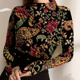 kkboxly  Floral Print Mock Neck Top, Boho Long Sleeve Slim Top For Spring & Summer, Women's Clothing