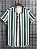 kkboxly  Vertical Stripe Print Men's Casual Short Sleeve Shirt, Men's Shirt For Summer Vacation Resort