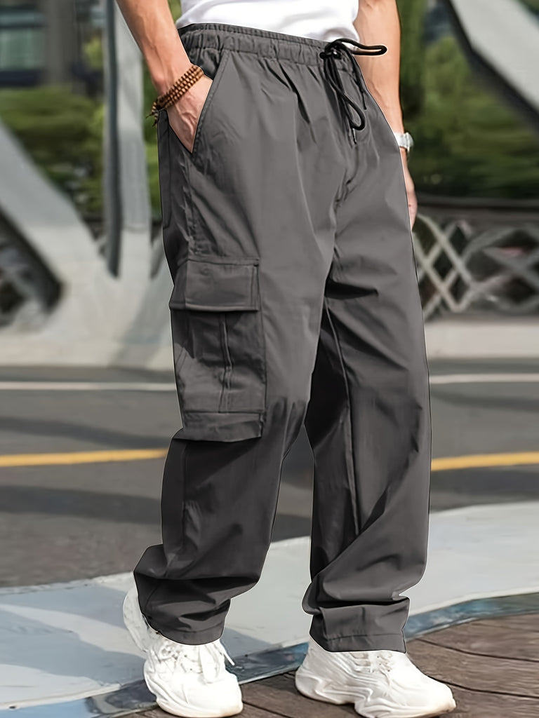 kkboxly Trendy Solid Cargo Pants, Men's Multi Flap Pocket Trousers, Loose Casual Outdoor Pants, Men's Work Pants Outdoors Streetwear Hip Hop Style