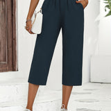 kkboxly  Minimalist Buttoned Wide Leg Elastic Waist Pants, Casual Versatile Solid Buttons Pants, Women's Clothing