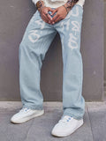kkboxly  Number Print Wide Leg Jeans, Men's Casual Street Style Solid Color Cotton Blend Denim Pants For Spring Summer