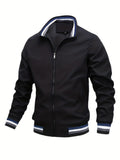 kkboxly  Plus Size Men's Trendy Casual Zipper Stand Collar Pocket Jacket, Solid Color Long Sleeve Stripe Pattern On The Bottom Coat Loose Oversized