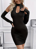 kkboxly  Cut Out Mock Neck Dress, Casual Solid Slim Bodycon Dress For Club & Party, Women's Clothing